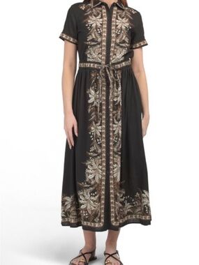 MAX STUDIO Black/brown Linen Blend Button /Belted Maxi Shirt Dress/small/Nwt